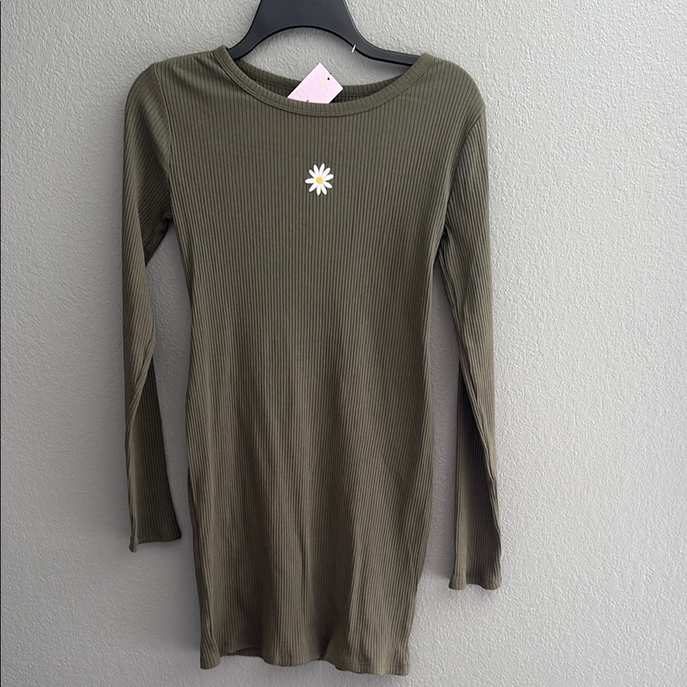 Olive Green Ribbed Long Sleeve Dress